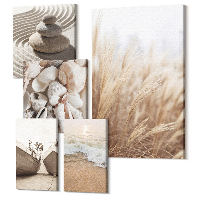 Zestaw obrazów 5 części pentaptyk Nadmorskie inspiracje z muszlami i plażowym piaskiem