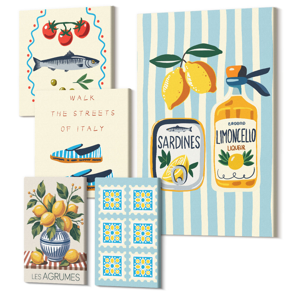 Zestaw obrazów na płótnie pentaptyk Kuchenne inspiracje z Włoch cytrusy i owoce morza