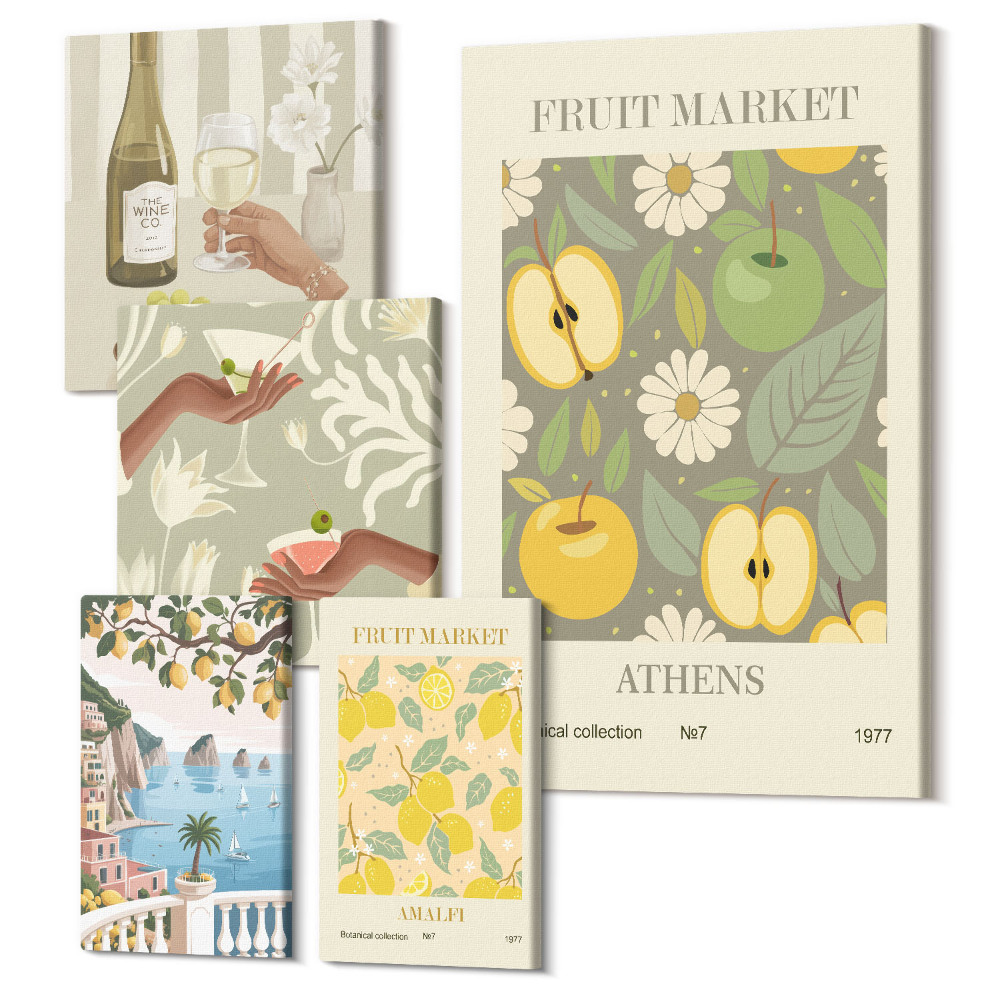 Zestaw obrazów 5 części pentaptyk Klimatyczne ilustracje owocowe i botaniczne z lat 70-tych