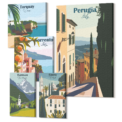 Zestaw obrazów na płótnie pentaptyk Włoskie miasteczka widoki na malownicze uliczki