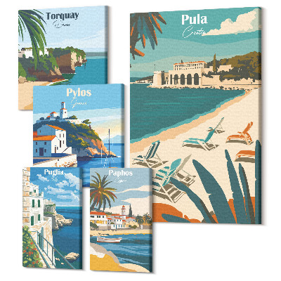 Zestaw obrazów na płótnie pentaptyk Krajobrazy nadmorskie z urokliwymi miejscami Europy