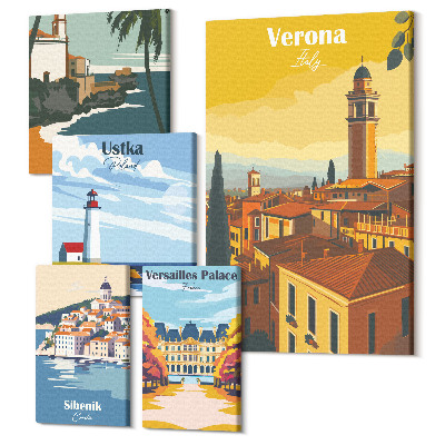 Zestaw obrazów pentaptyk na ścianę Krajobrazy europejskich miast z latarniami morskimi i pałacami