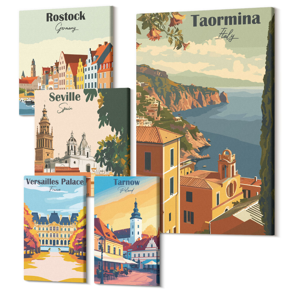 Zestaw obrazów pentaptyk na ścianę Krajobrazy europejskich miast z ikonami architektury