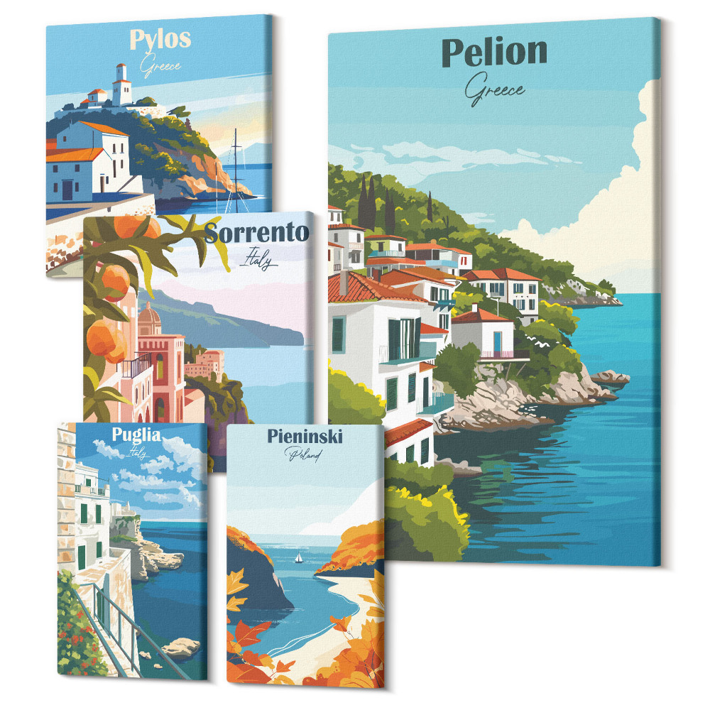 Zestaw obrazów pentaptyk na ścianę Krajobrazy greckich wysp i malowniczych miasteczek