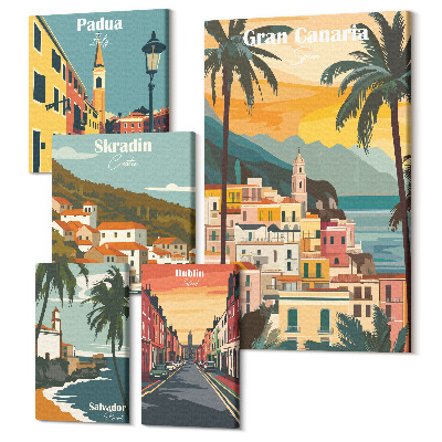 Zestaw obrazów pentaptyk na ścianę Krajobrazy europejskich miast i malownicze widoki