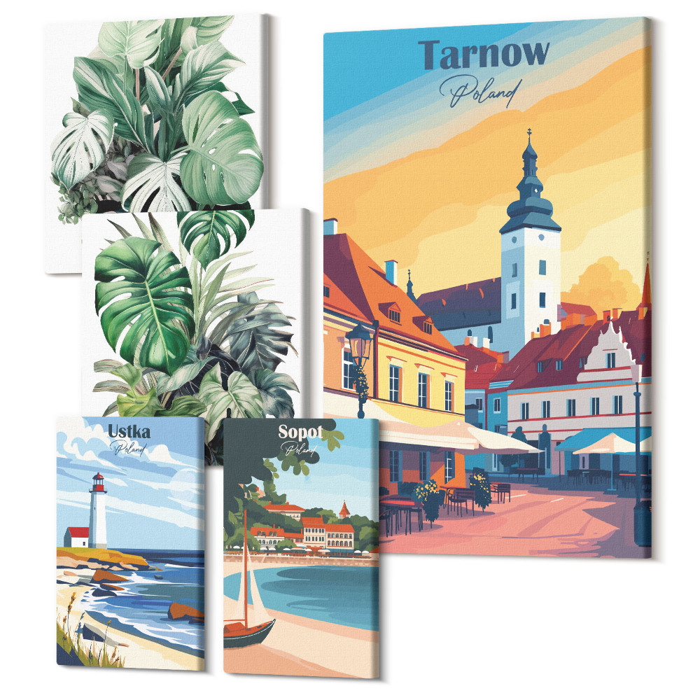 Zestaw obrazów 5 części pentaptyk Polskie miasta nadmorskie z motywami roślinnymi
