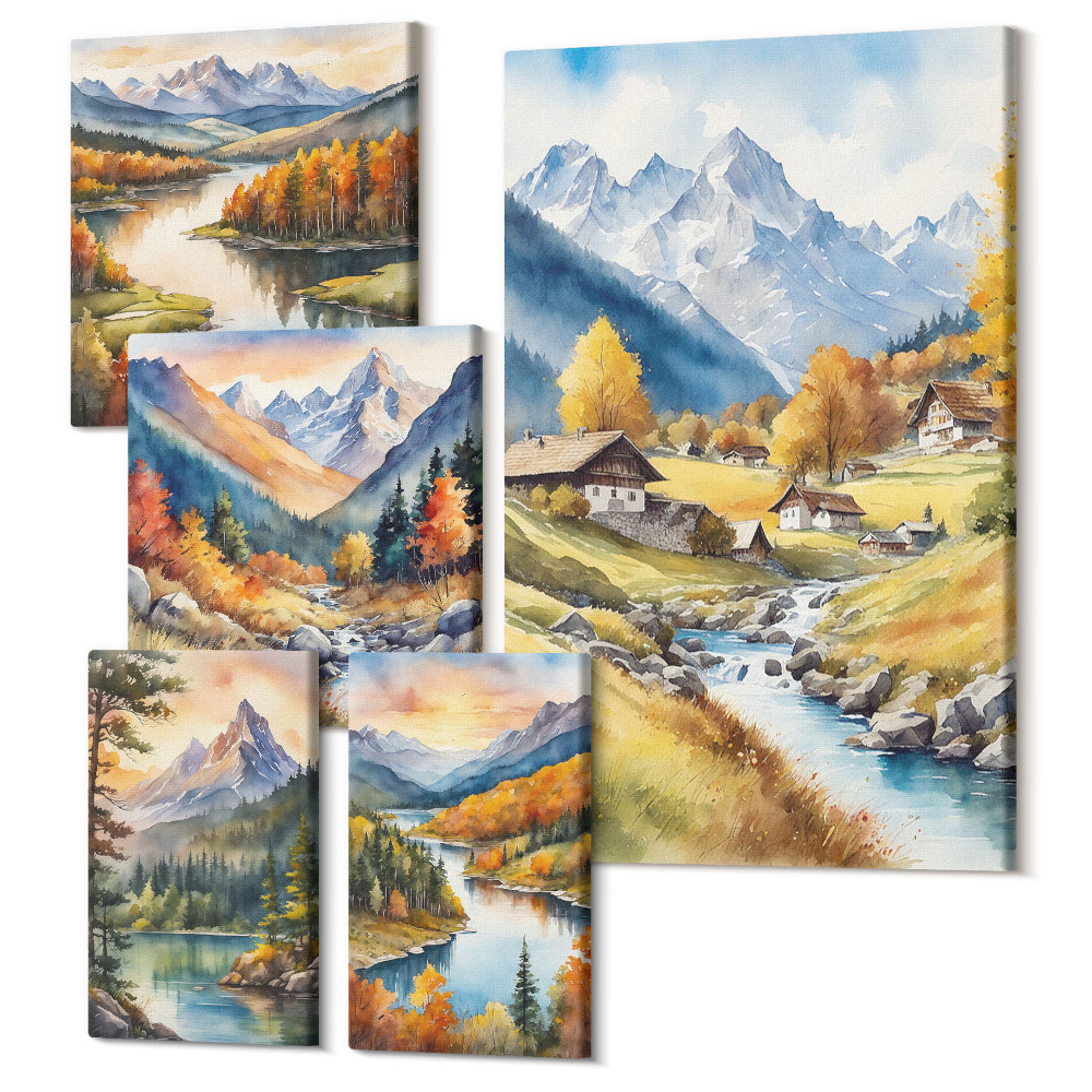 Zestaw obrazów 5 części pentaptyk Malownicze krajobrazy górskie z rzekami i lasami