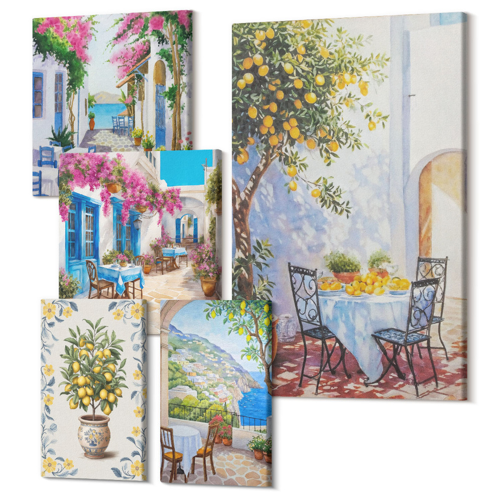 Zestaw obrazów na płótnie pentaptyk Urokliwe krajobrazy śródziemnomorskie z kwiatami i owocami