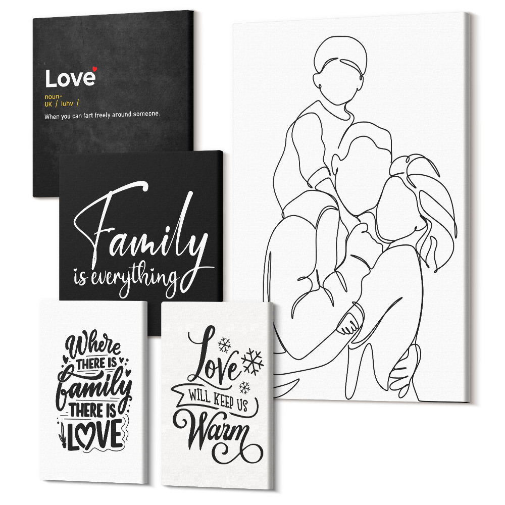 Zestaw obrazów na płótnie pentaptyk Rodzinne wartości miłości i bliskości w minimalistycznym stylu