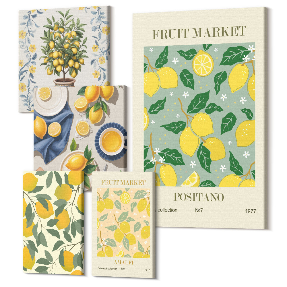 Zestaw obrazów na płótnie pentaptyk Kolekcja cytrusów świeże owoce i dekoracyjne wzory