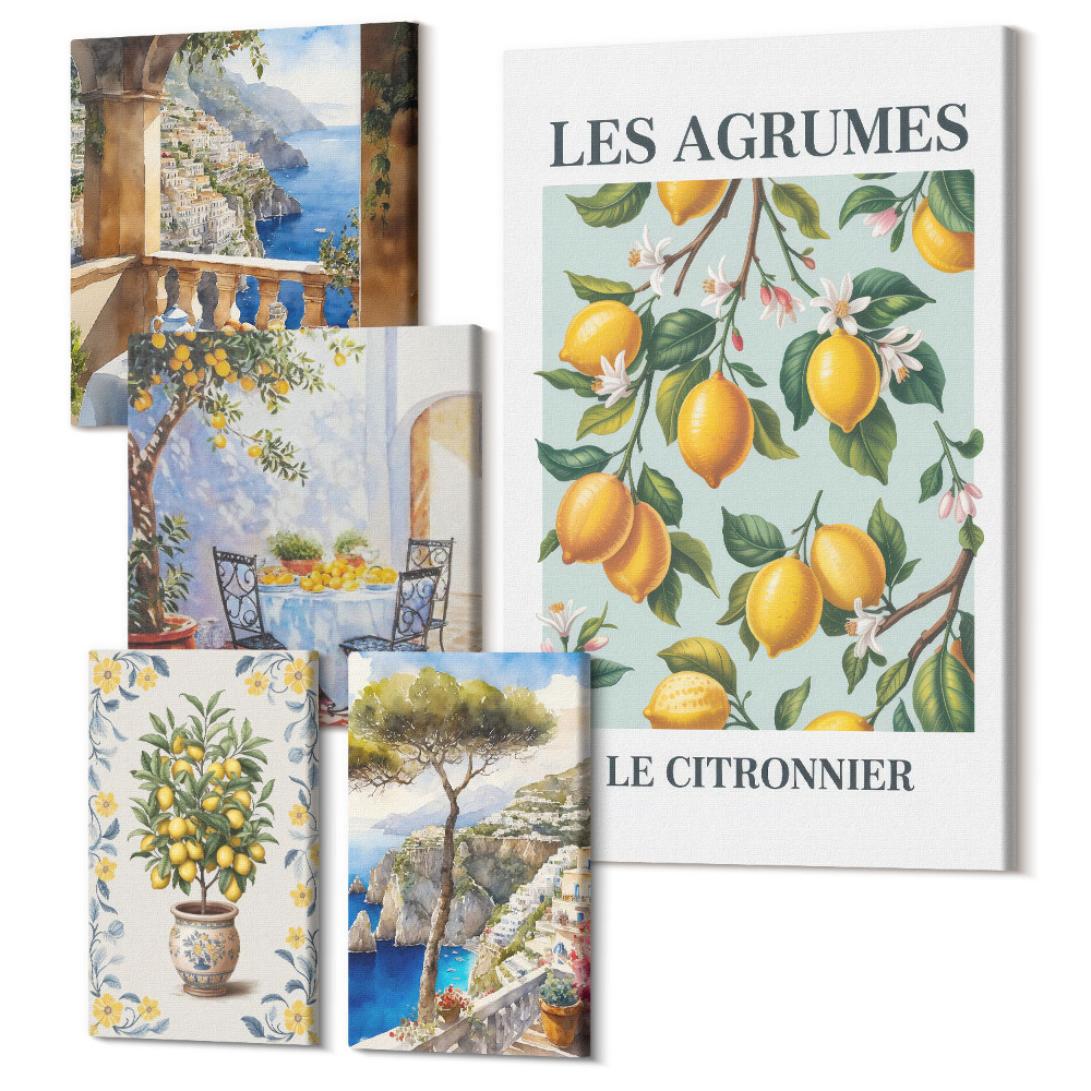 Zestaw obrazów pentaptyk na ścianę Cytrusowe inspiracje w stylu prowansalskim i śródziemnomorskim