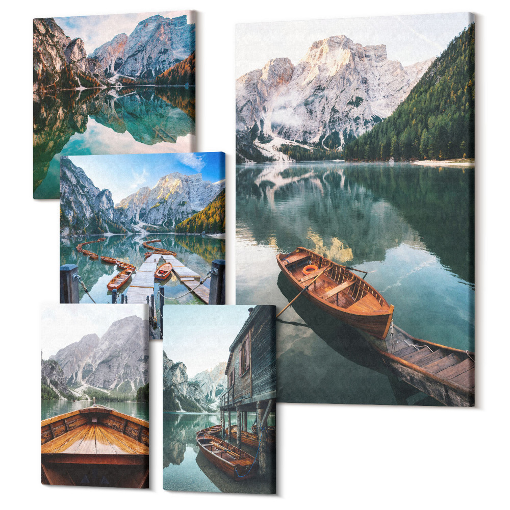 Zestaw obrazów na płótnie pentaptyk Spokojne jeziora z drewnianymi łodziami w górach