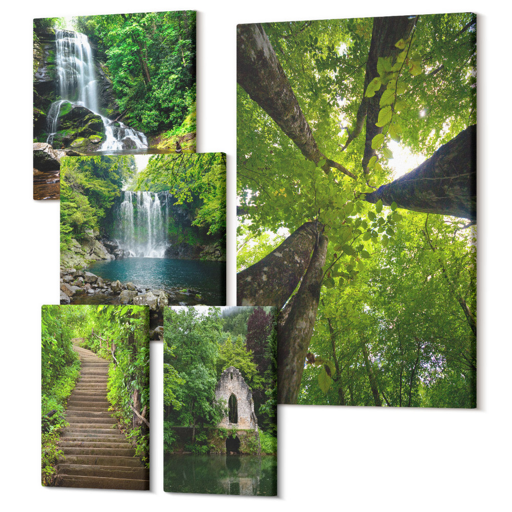 Zestaw obrazów na płótnie pentaptyk Zielone krajobrazy wodospadów i leśnych ścieżek