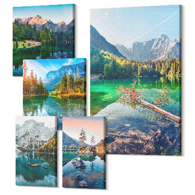 Zestaw obrazów pentaptyk na ścianę Krajobrazy górskie z jeziorami i zielonymi lasami