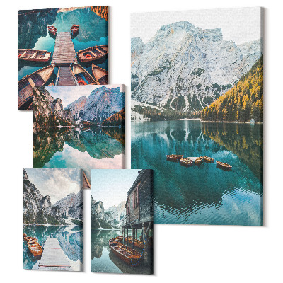 Zestaw obrazów 5 części pentaptyk Górskie jeziora z drewnianymi łodziami w stylu naturalnym