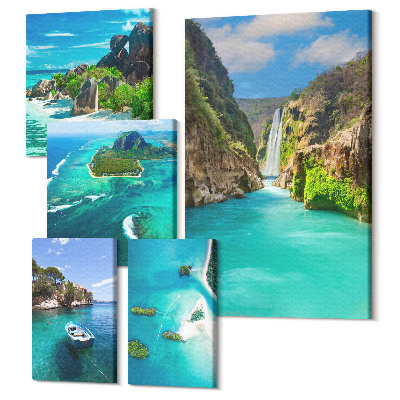 Zestaw obrazów na płótnie pentaptyk Tropikalne krajobrazy z wodospadami i plażami rajskimi
