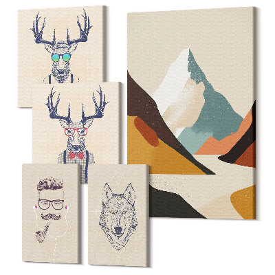 Zestaw obrazów na płótnie pentaptyk Stylowe portrety zwierząt z górskim krajobrazem