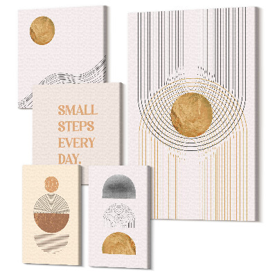 Zestaw obrazów na płótnie pentaptyk Abstrakcyjne kompozycje z geometrycznymi kształtami i tekstem