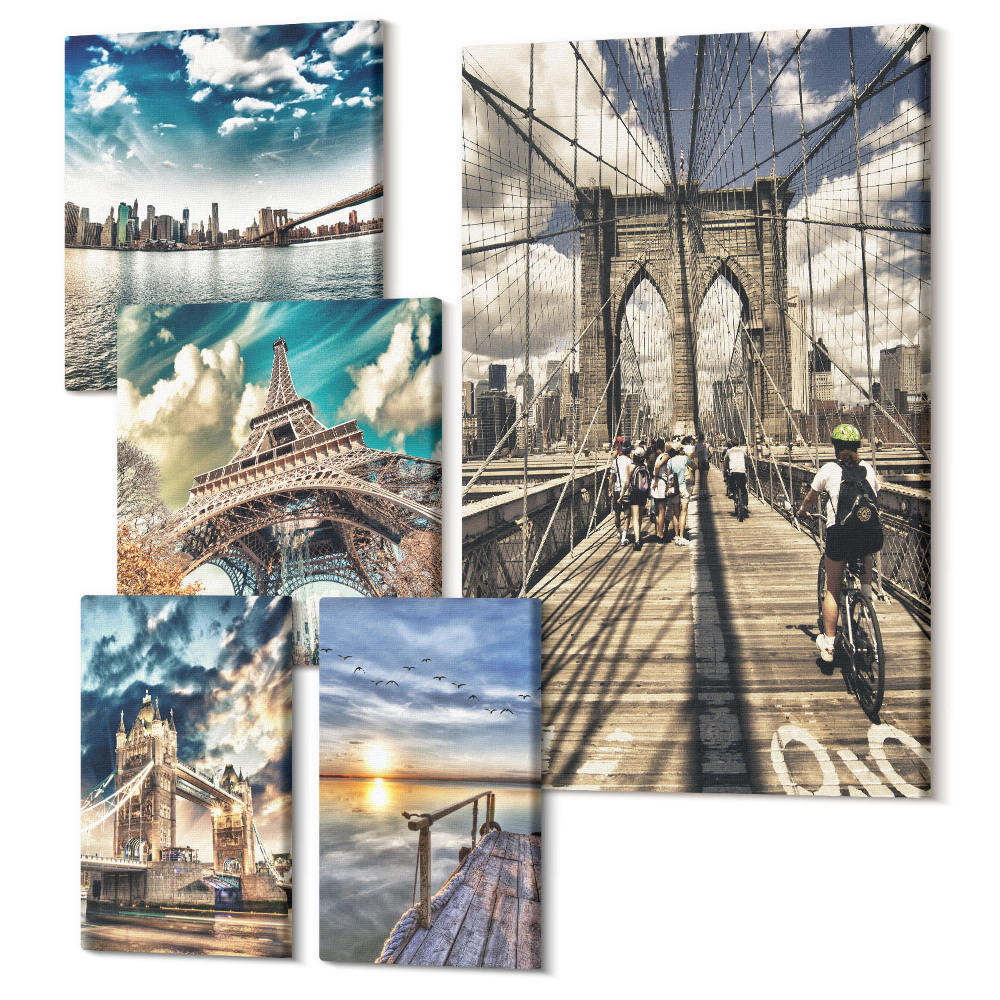 Zestaw obrazów 5 części pentaptyk Miejskie krajobrazy z mostami i znanymi budowlami