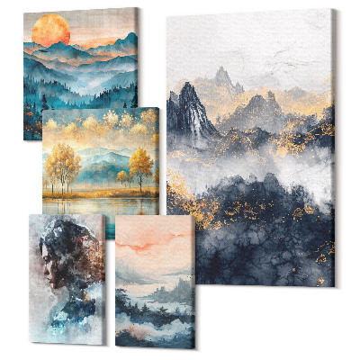 Zestaw obrazów na płótnie pentaptyk Krajobrazy górskie z portretami i naturalnymi pejzażami