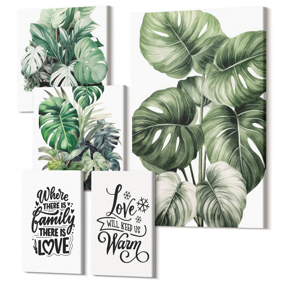 Zestaw obrazów 5 części pentaptyk Roślinne motywy z inspirującymi cytatami w stylu boho