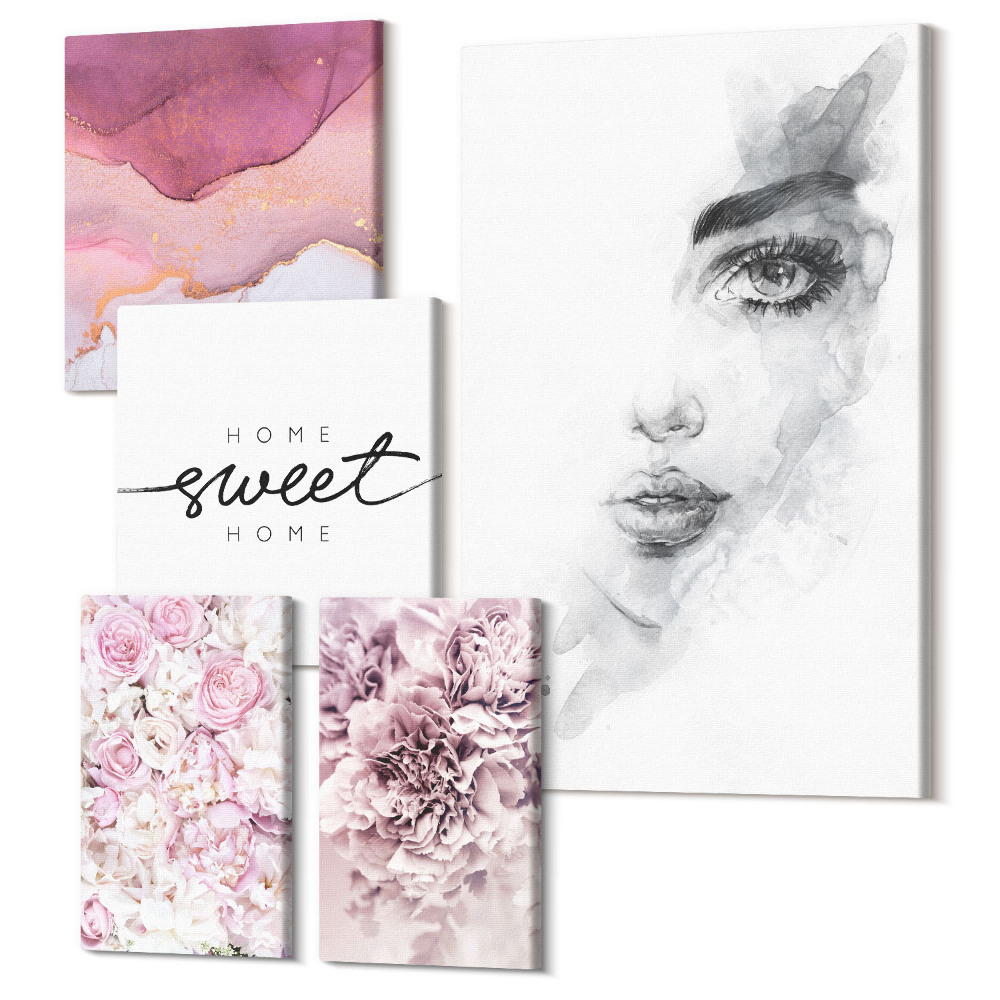 Zestaw obrazów na płótnie pentaptyk Kobiece portrety i kwiatowe kompozycje w pastelach