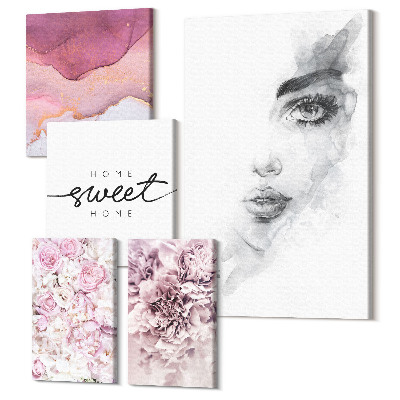 Zestaw obrazów na płótnie pentaptyk Kobiece portrety i kwiatowe kompozycje w pastelach