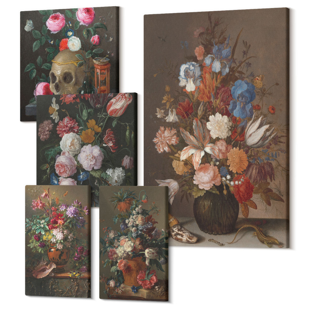 Zestaw obrazów 5 części pentaptyk Kwiatowe kompozycje w stylu klasycznym z martwą naturą
