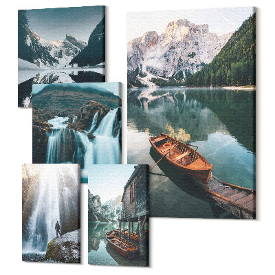 Zestaw obrazów na płótnie pentaptyk Krajobrazy górskie z wodospadami i jeziorami alpejskimi