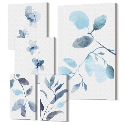 Zestaw obrazów na płótnie pentaptyk Roślinne akcenty w delikatnych odcieniach niebieskiego