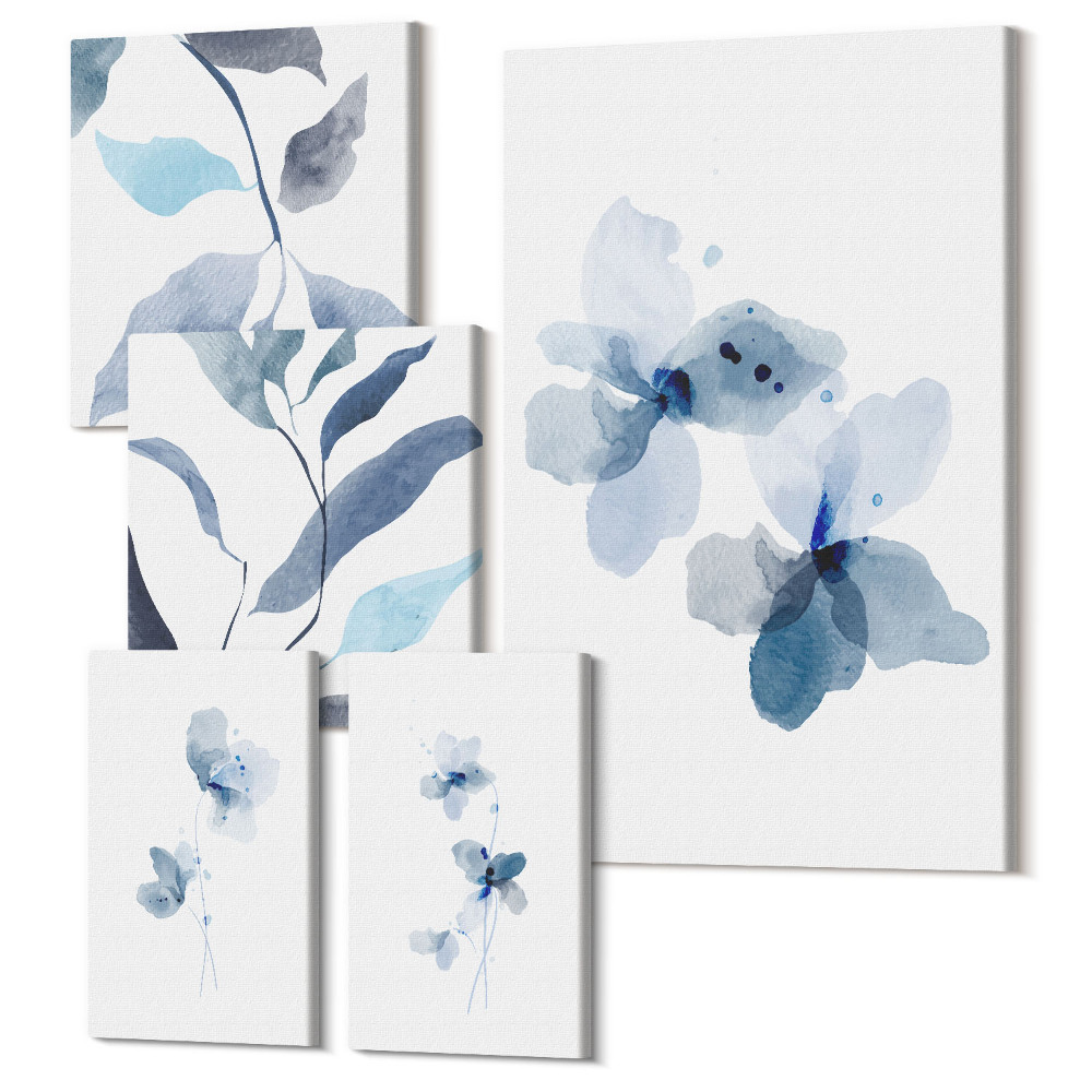 Zestaw obrazów pentaptyk na ścianę Stylowe akwarelowe kwiaty i liście w odcieniach niebieskich