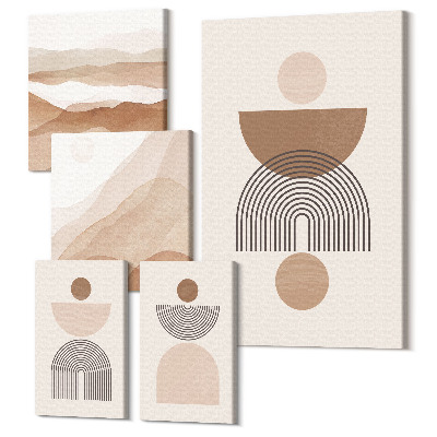Zestaw obrazów 5 części pentaptyk Abstrakcyjne kompozycje w odcieniach ziemi i formach geometrycznych