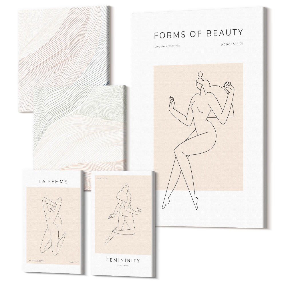 Zestaw obrazów na płótnie pentaptyk Formy piękna linie i sylwetki w minimalistycznym stylu