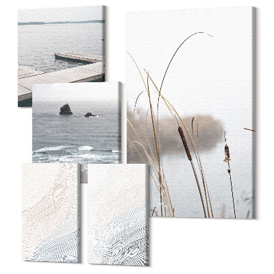 Zestaw obrazów pentaptyk na ścianę Minimalistyczne pejzaże nadmorskie z delikatnymi falami