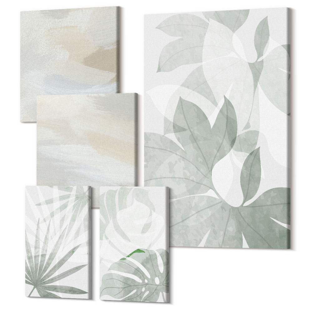 Zestaw obrazów 5 części pentaptyk Roślinne motywy w stonowanej szarości i bieli