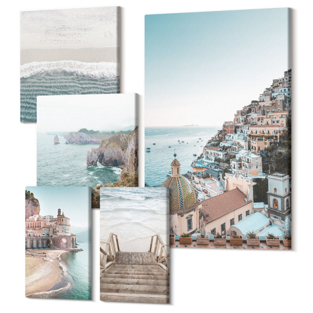 Zestaw obrazów na płótnie pentaptyk Krajobrazy nadmorskie z urokliwymi miasteczkami i plażami