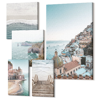 Zestaw obrazów na płótnie pentaptyk Krajobrazy nadmorskie z urokliwymi miasteczkami i plażami
