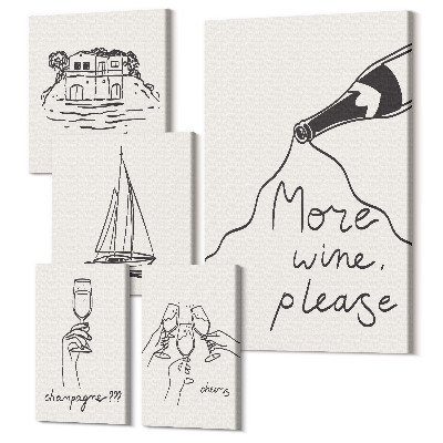 Zestaw obrazów pentaptyk na ścianę Stylowe grafiki z motywami wina i relaksu nad wodą