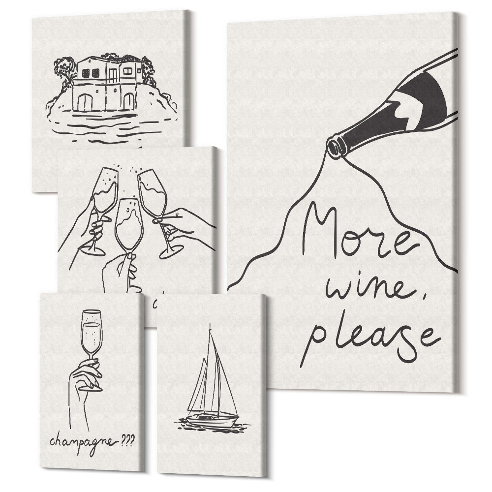 Zestaw obrazów na płótnie pentaptyk Stylowe ilustracje z winem i toastami na przyjęcia