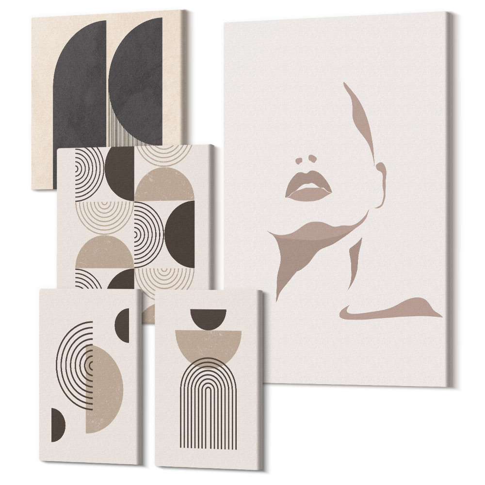 Zestaw obrazów pentaptyk na ścianę Stylowe minimalistyczne portrety i geometryczne wzory