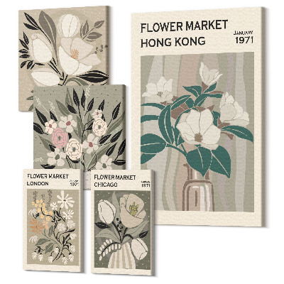 Zestaw obrazów pentaptyk na ścianę Kwiatowe targi z różnych miast styl retro i vintage