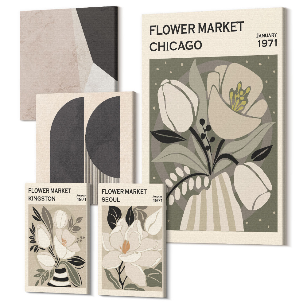 Zestaw obrazów 5 części pentaptyk Stylowe kompozycje z motywem kwiatowym i geometrycznym