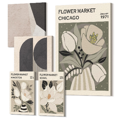 Zestaw obrazów 5 części pentaptyk Stylowe kompozycje z motywem kwiatowym i geometrycznym