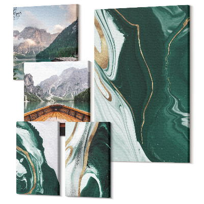 Zestaw obrazów pentaptyk na ścianę Zielone pejzaże z wodami i górskimi krajobrazami