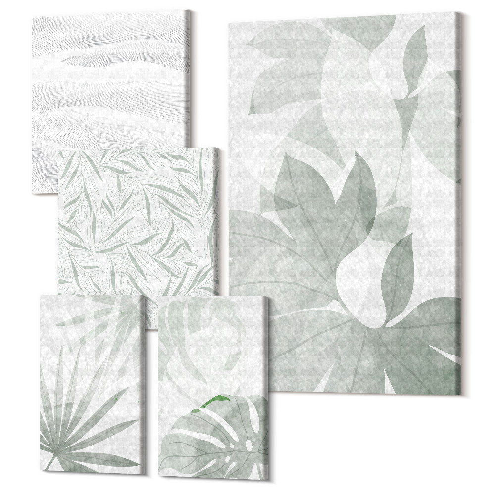 Zestaw obrazów 5 części pentaptyk Roślinne motywy w delikatnych odcieniach zieleni