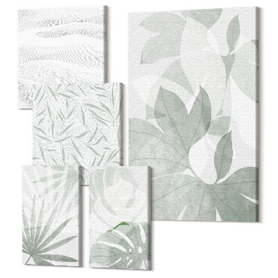 Zestaw obrazów 5 części pentaptyk Roślinne motywy w delikatnych odcieniach zieleni
