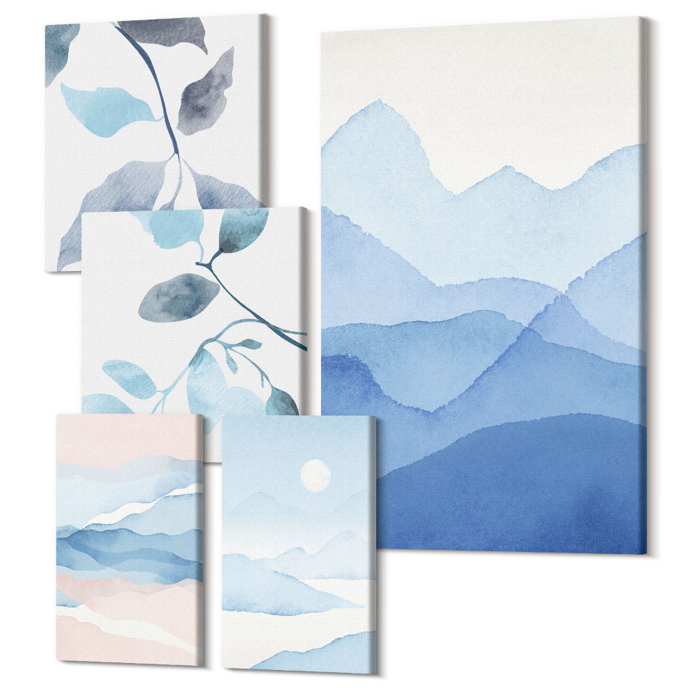Zestaw obrazów pentaptyk na ścianę Natura w odcieniach błękitu minimalistyczne krajobrazy i liście