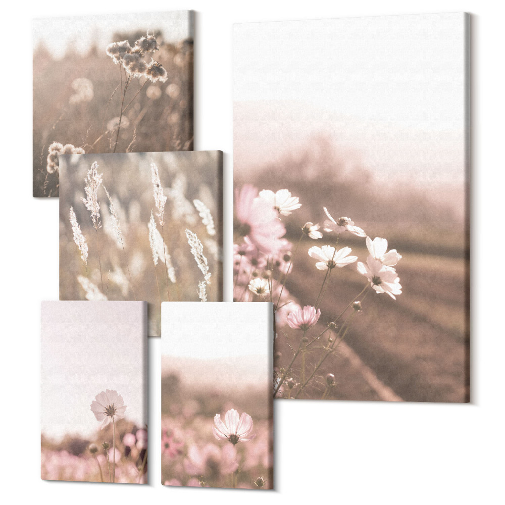 Zestaw obrazów na płótnie pentaptyk Kwiatowe motywy w delikatnych odcieniach natury