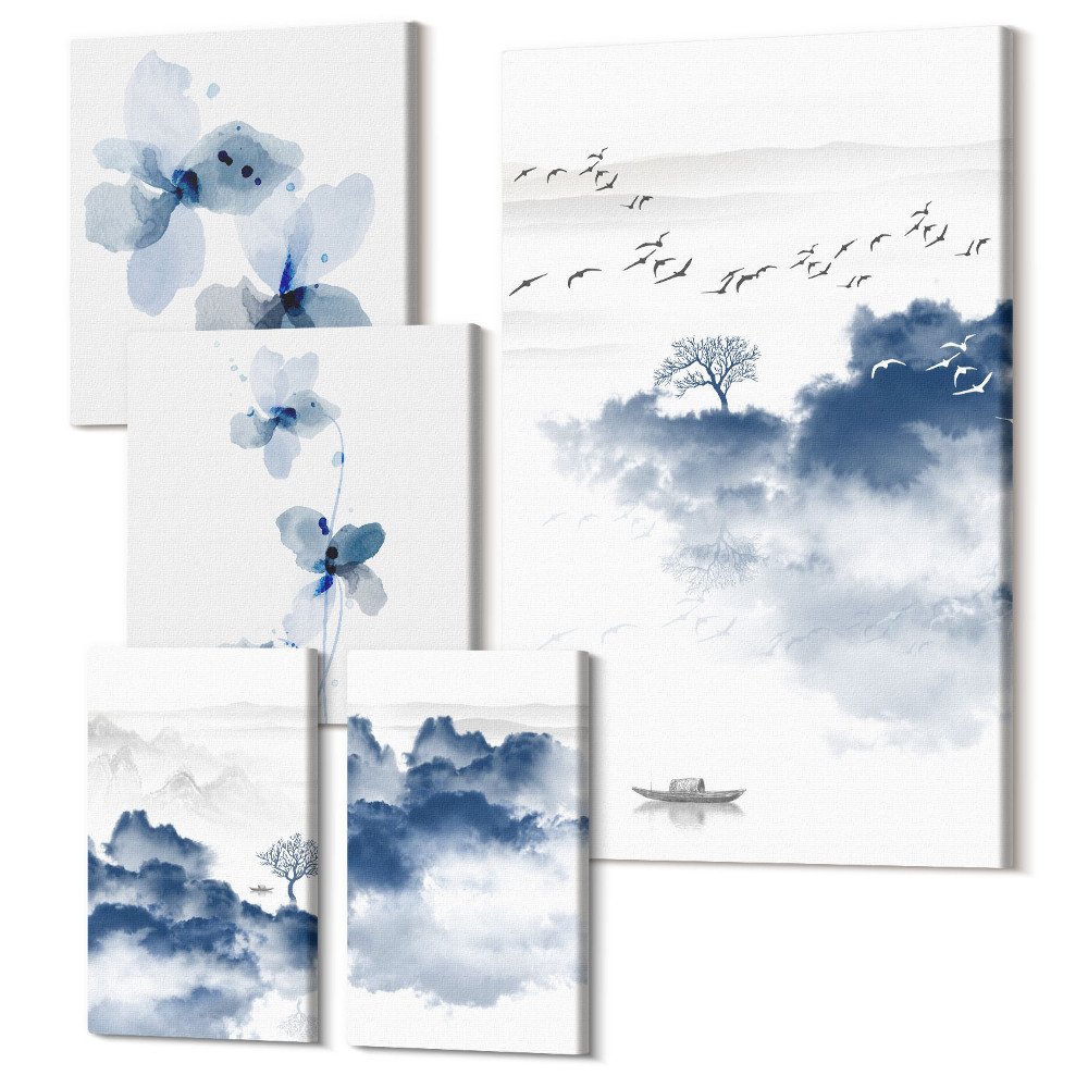 Zestaw obrazów pentaptyk na ścianę Krajobrazy z delikatnymi kwiatami i spokojnymi wodami