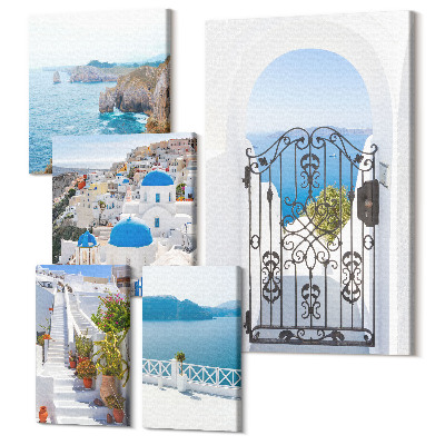 Zestaw obrazów na płótnie pentaptyk Santorini widoki na błękitne morze i białe domy